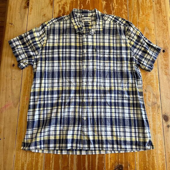 Barbour Shirt Mens XL‎ Blue White Plaid Button Up Short Sleeve EUC - Picture 1 of 10